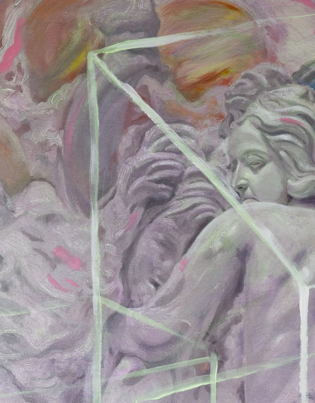 Une peinture représentant des têtes de visages féminins et masculins en détail avec des touches de couleurs pastel, sur fond violet avec des lignes lumineuses vertes formant un motif géométrique.