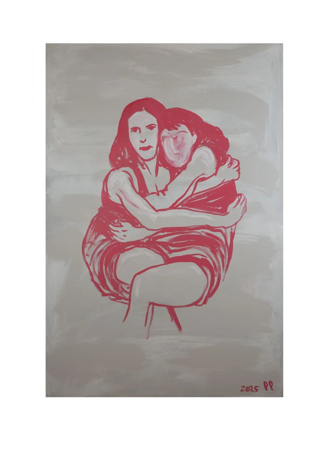 Une peinture représentant deux femmes assises, s'enlaçant et souriantes. La peinture est stylisée, avec des traits rouges pour les contours et un fond gris clair.