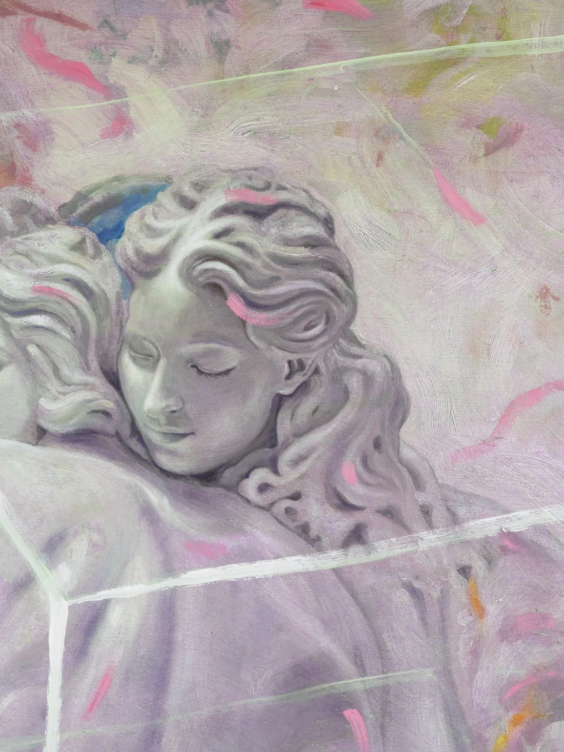 Une peinture représentant un visage d'une femme avec des cheveux ondulés, avec des touches de couleur rose, bleu, et vert dans un style artistique abstrait.
