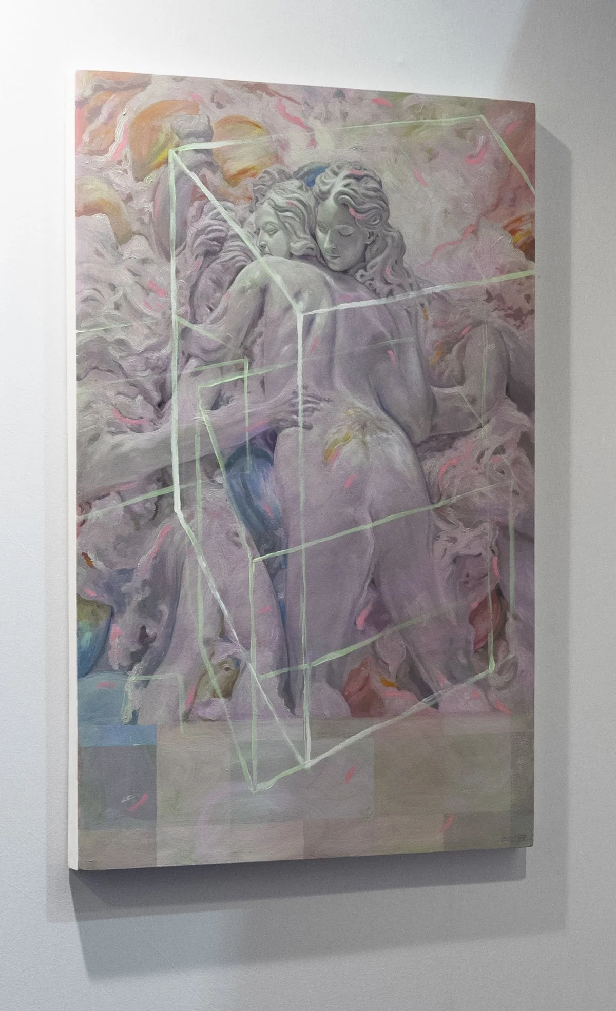 Une peinture représentant deux figures féminines nues dans un style impressionniste, avec un contour géométrique blanc ajoutée sur la toile.