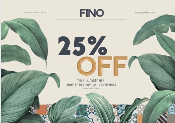 Don't forget, we're offering 25% off our &agrave; la carte menu Monday to Thursday from 12pm - close! 

Available until the end of September 🌿

Book early to avoid disappointment (link in bio @finotapas) 

See you soon 🖤
