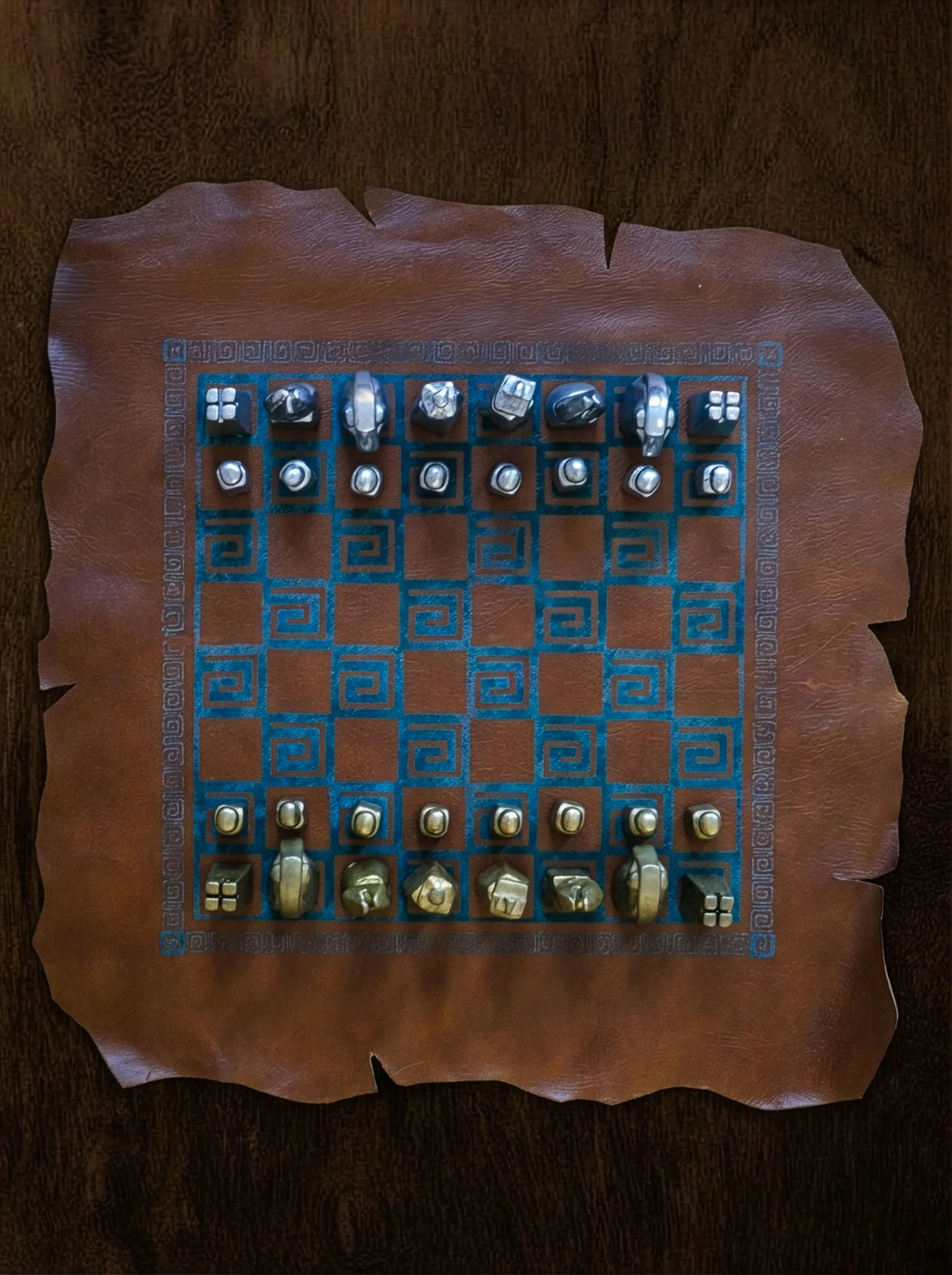 Sculptural brutalist chess set on leather board.jpg