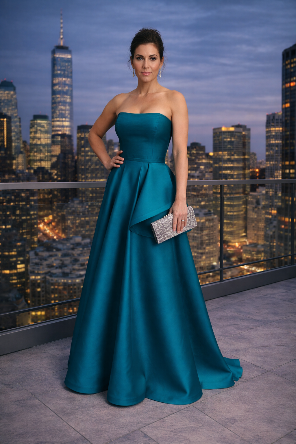 Elegant city slicker strapless gown with envelope A-line skirt. The silk open weave fabric leaves a classic flowing feeling for any black tie event