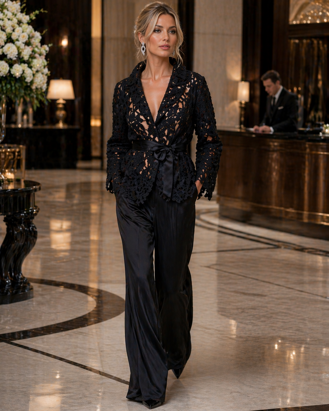 How do you host an elegant event and still stay comfortable. Wear pants and a stunning lace jacket. The most elegant high standing collar demands respect and attention for any woman. 