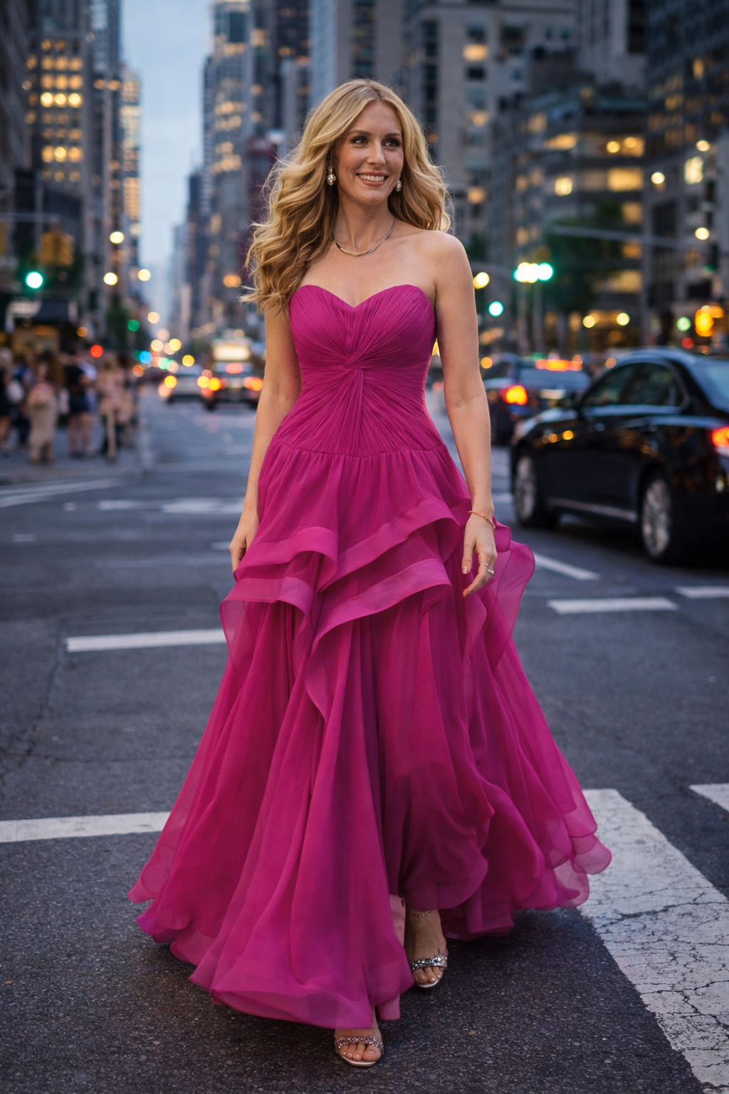 Rasberry Silk Chiffon gown is ready for the perfect party. Available in all chiffon colors. Short of long. 