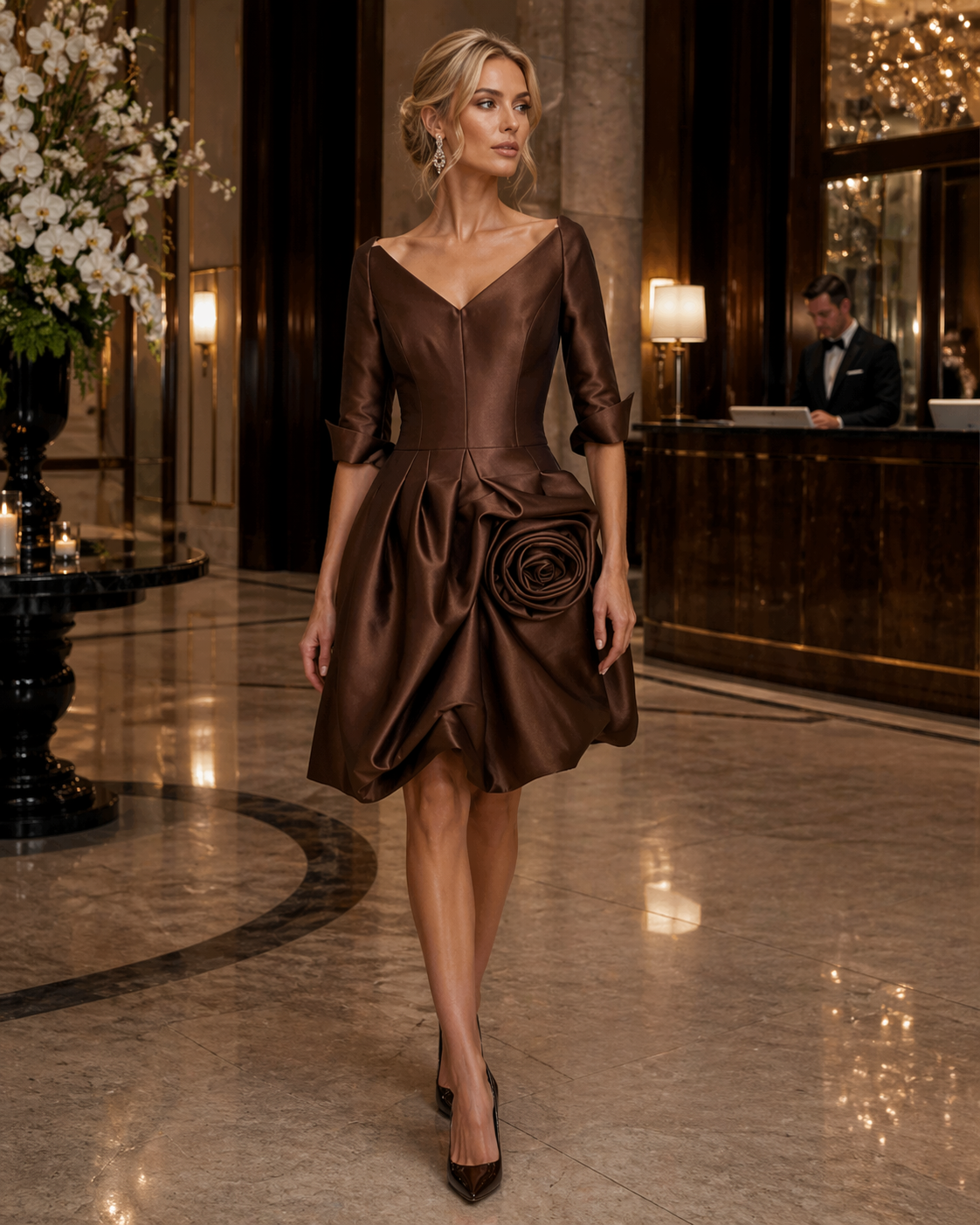 chocolate brown short dress with a rose details and 3/4 sleeve works for any formal event or semi formal wedding. 