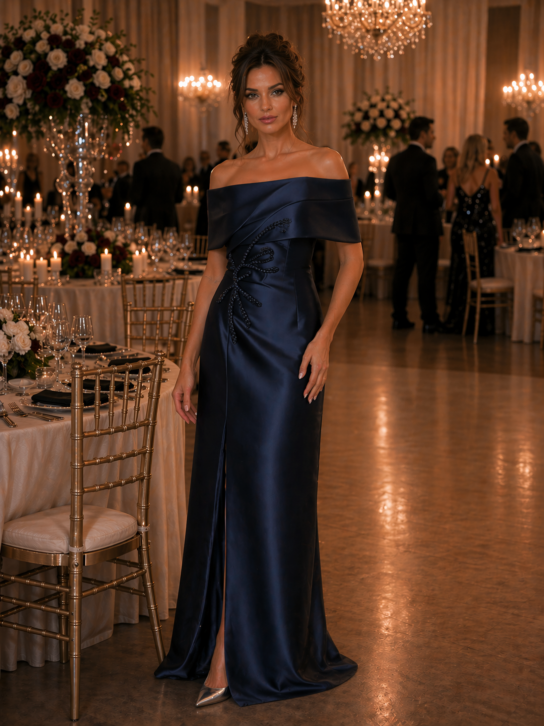 Navy Silk Satin gown with off shoulder collar and waist rose detail. Stunning for a mother of the groom or mother of the bride. 