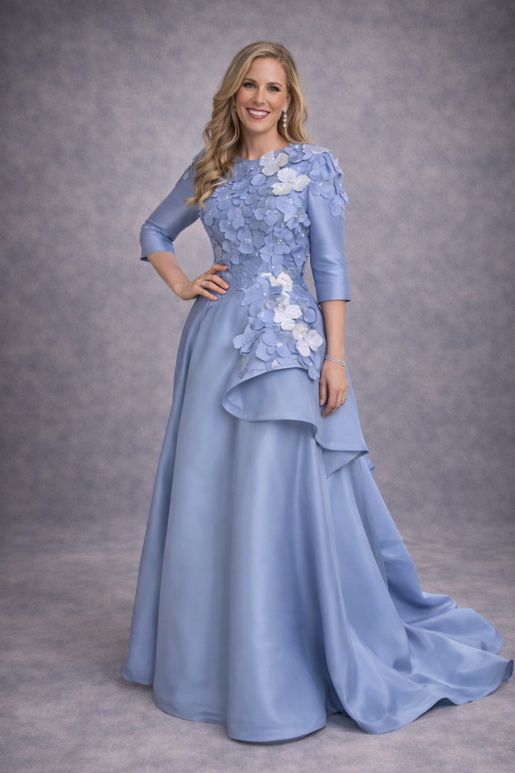 Traditional 3/4 sleeve for the modest Mother of the Bride / Groom. Dress is pleated silk with dyed to match hand created flower applique