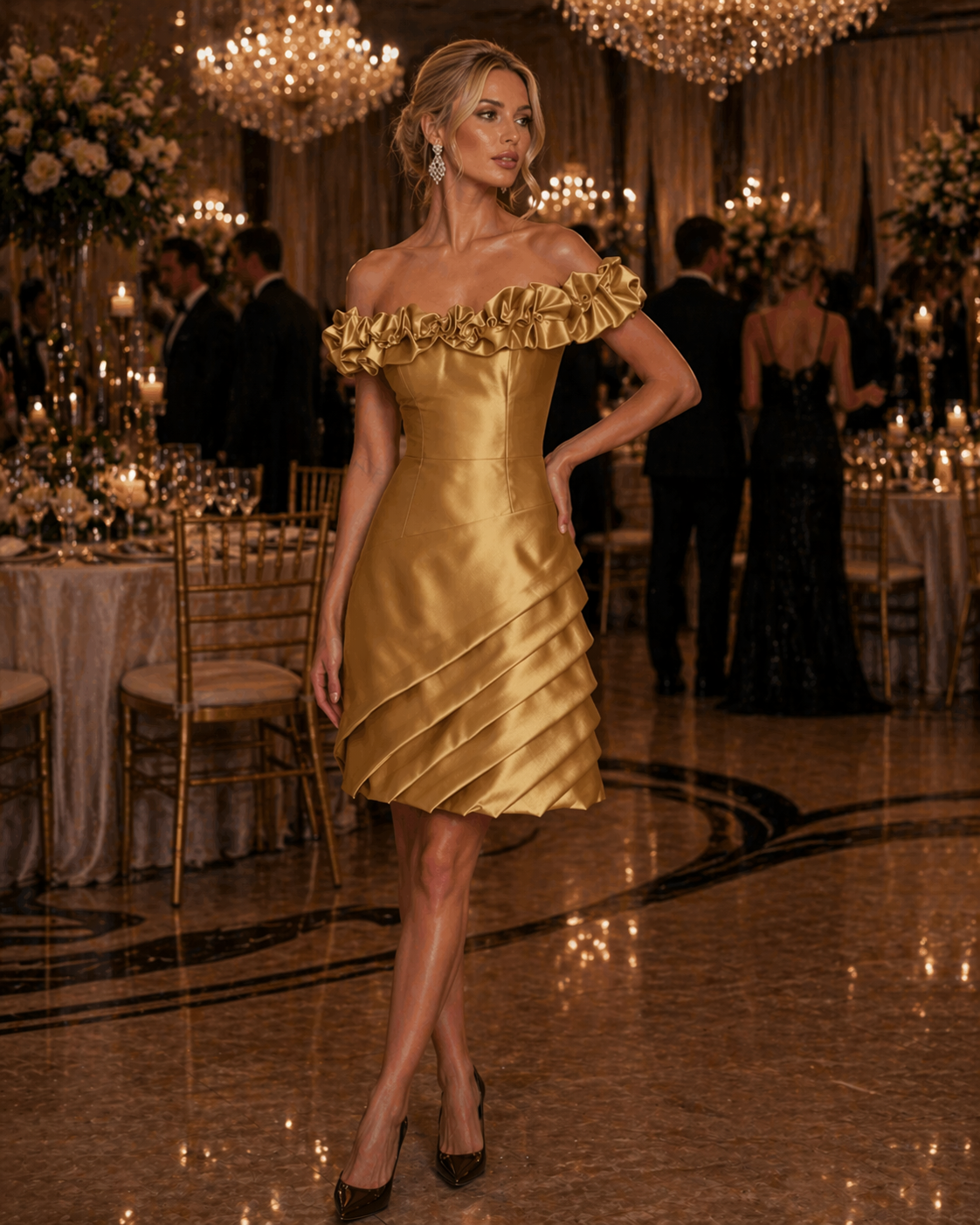 Short Gold Satin dress with a gathered off shoulder neckline for a modest mother of the bride or groom. 