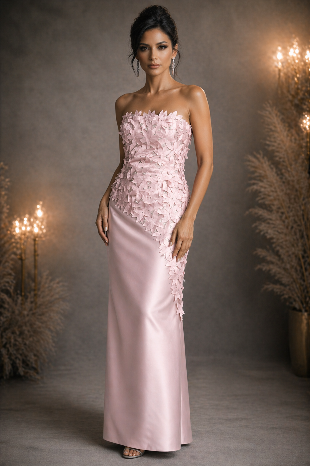pale pink silk faille gown with laser cut hand placed flowers for a mother or a mature bride.