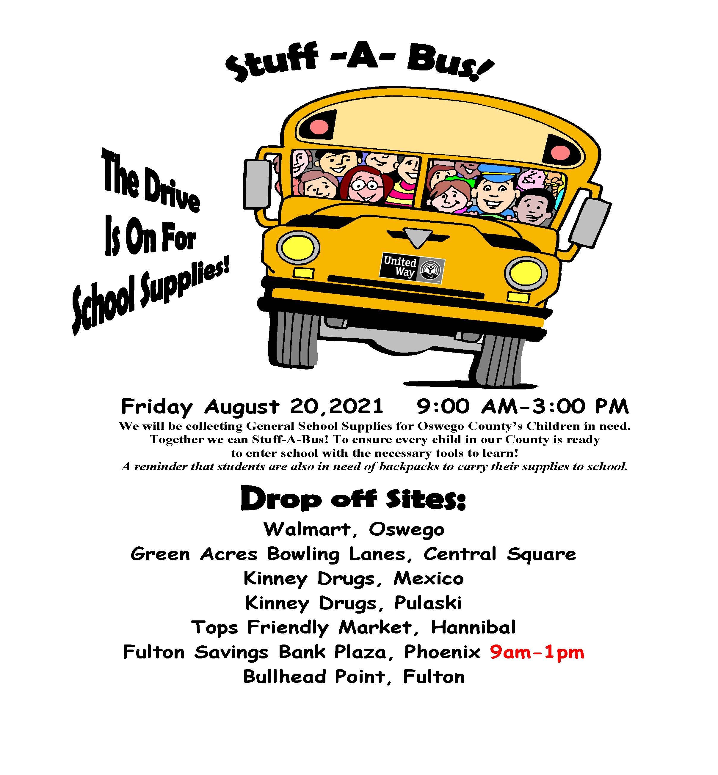 Stuff a bus, school supplies drive, Fulton, Ny