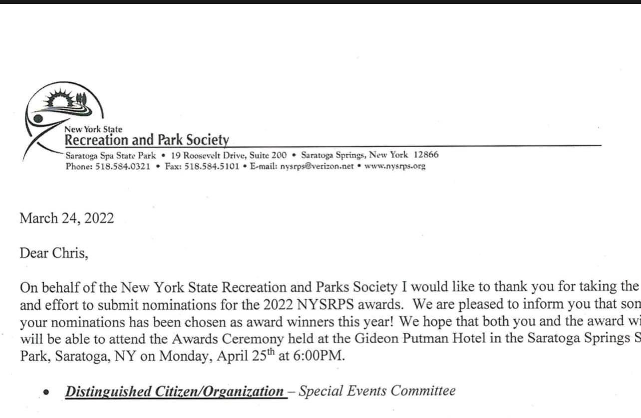 Parks and Recreation Recognition Letter