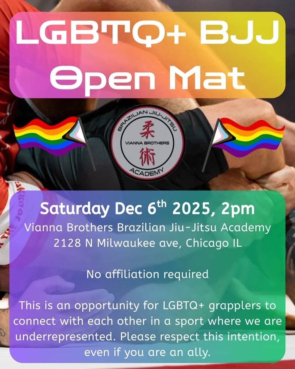 If you are a queer and/or trans jiujitsu practitioner, we invite you to come train and roll! SATURDAY Dec 6th 2025. Reach out to @professor_ai if you have any questions about this open mat.