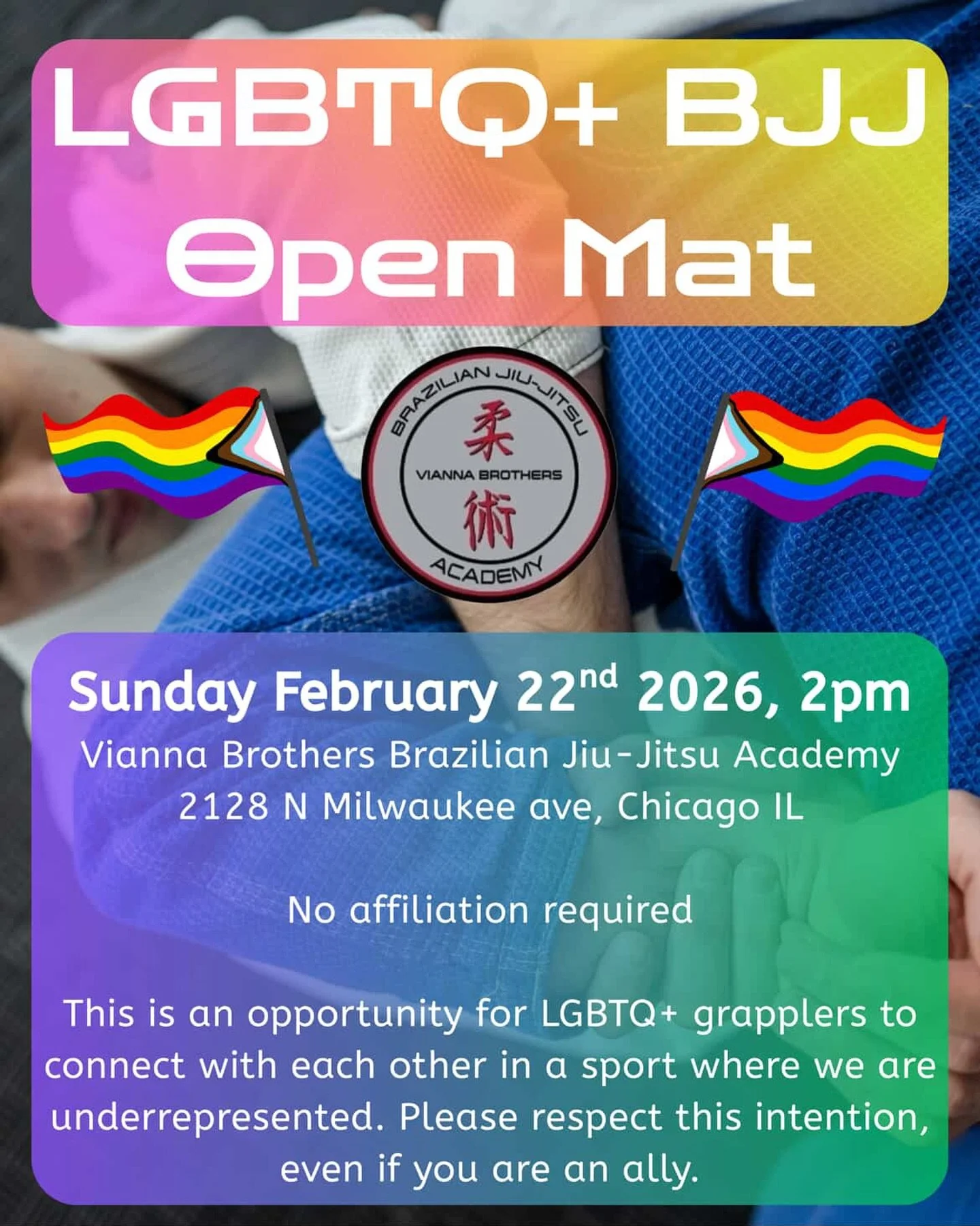 If you are a queer and/or trans jiu-jitsu practitioner, we invite you to come train and roll! Sunday February 22nd at 2pm. Ask @professor_ai if you have any questions ☺️