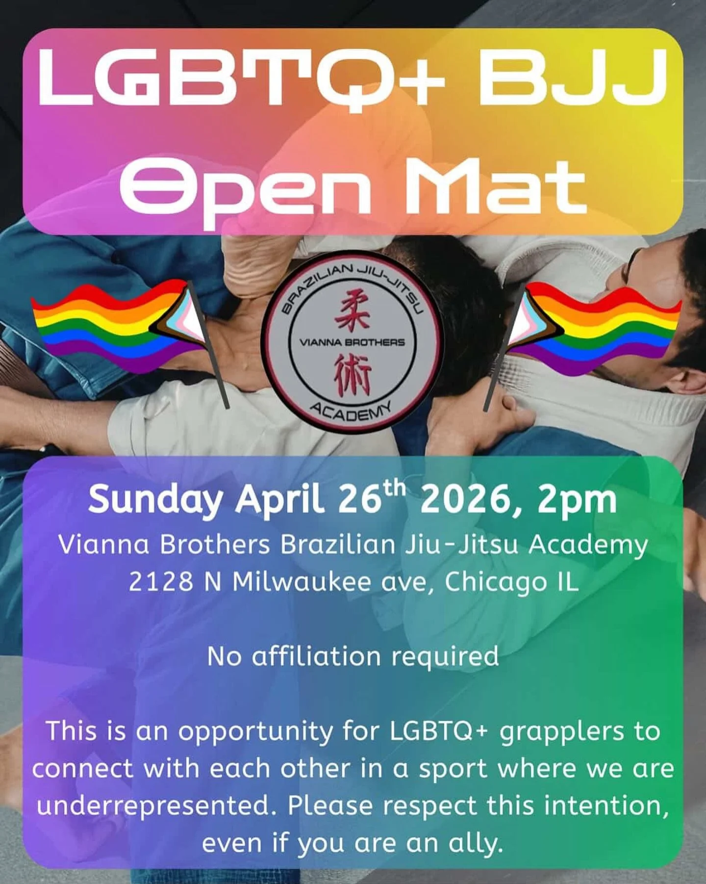 If you are a queer and/or trans jiu-jitsu practitioner, we invite you to come train and roll! Sunday April 26th at 2pm. Ask @professor_ai if you have any questions ☺️

#bjj #jiujitsu #gay #queer #lgbt