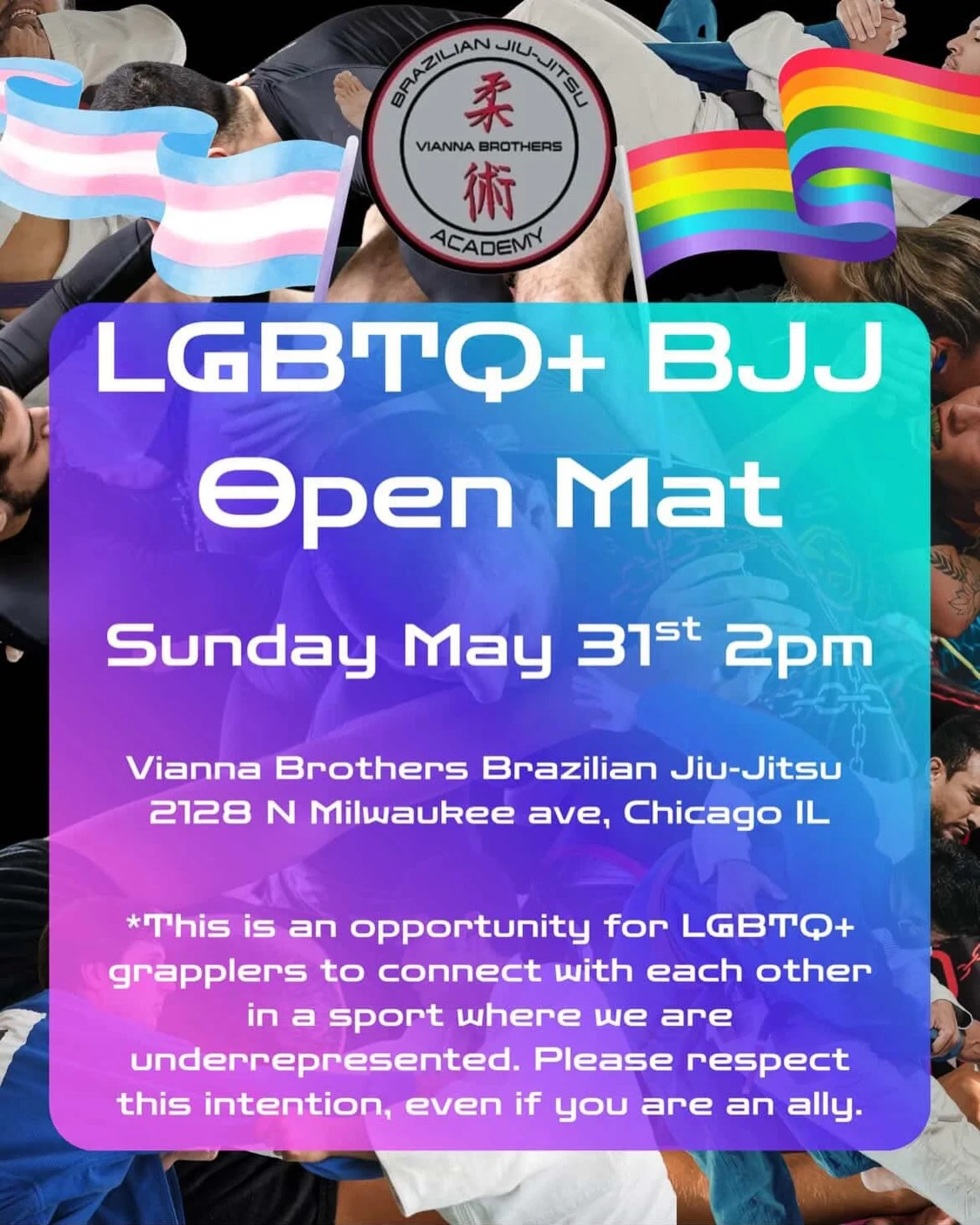 If you are a queer and/or trans jiu-jitsu practitioner, we invite you to come train and roll! Sunday May 31st at 2pm. Ask @professor_ai if you have any questions ☺️