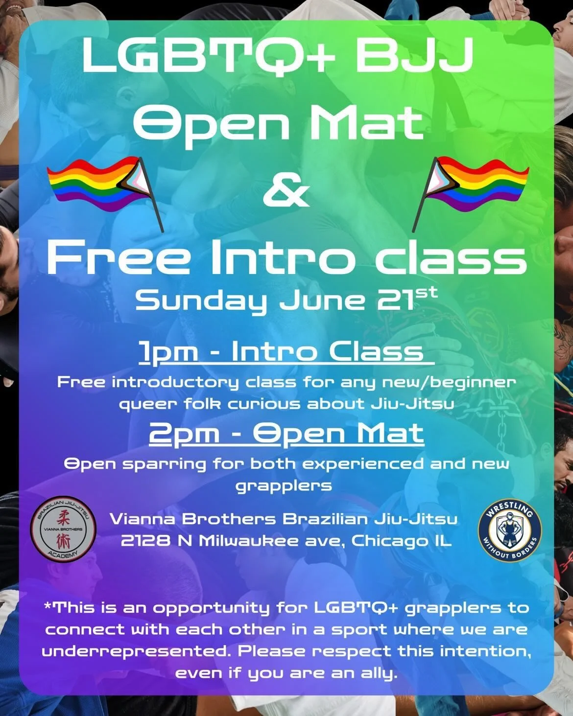&ldquo;Happy Pride Month!! Along with this month&rsquo;s LGBTQ+ Open mat, we will also have a free intro class for queer individuals taught by our own gay black belt @professor_ai! Please pass this along to any queer folk that are curious about the s