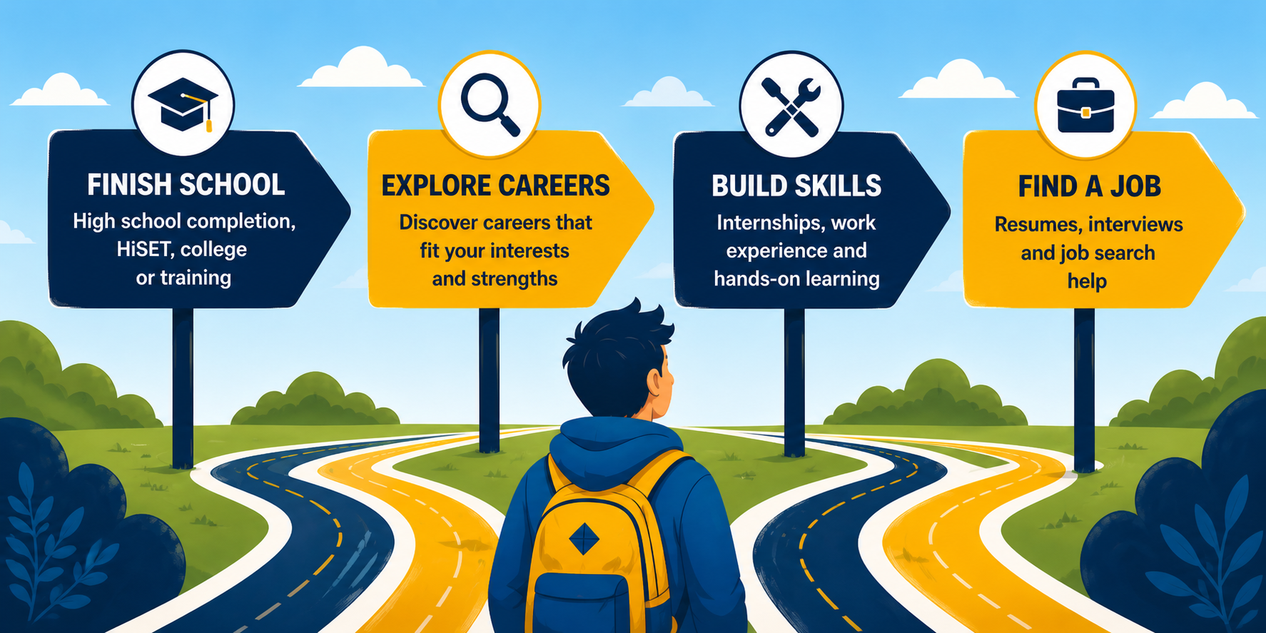 Illustrated young adult at a crossroads representing four Accelerate Iowa services.Accelerate Iowa helps young adults finish school or training, explore careers, build skills through hands-on experience, and prepare for and find employment.