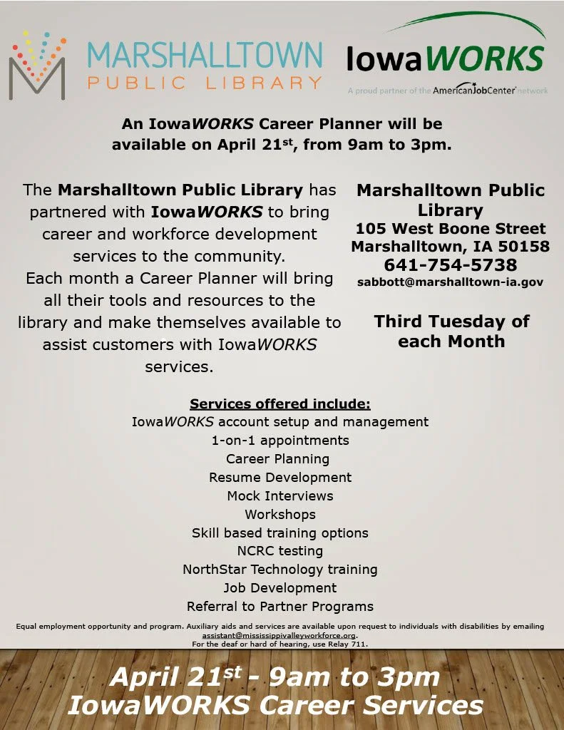 Marshall County: Career Services at Marshalltown Public Library 