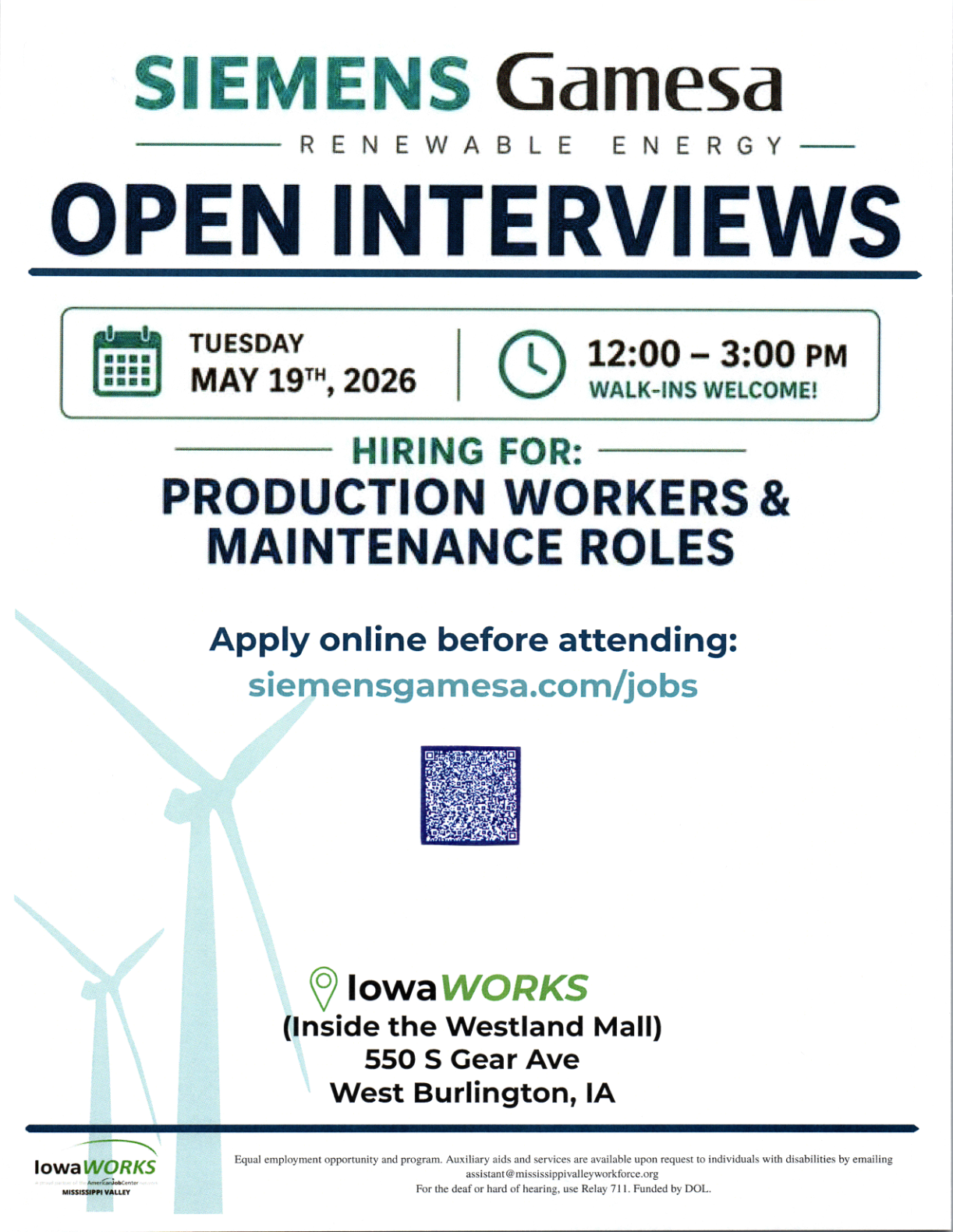 Des Moines County: Open Interviews for Siemens Gamesa