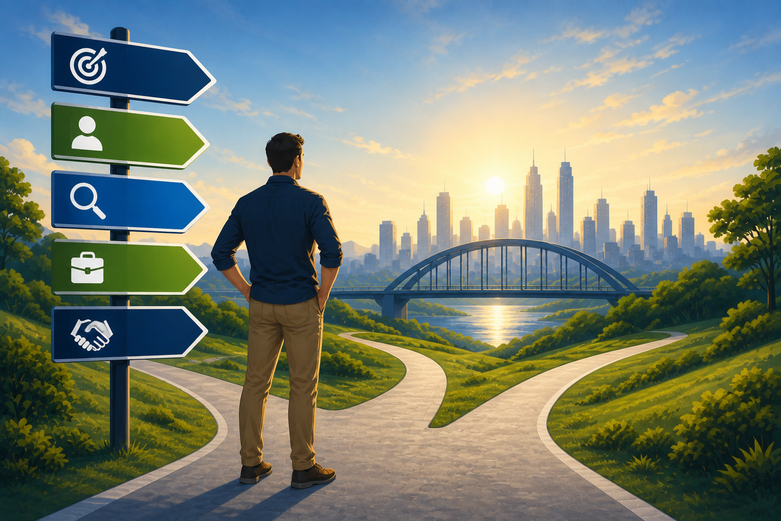 Alt text: Man standing at a crossroads beside directional signs, looking toward a bridge and city skyline, representing guidance and choosing the next step toward career opportunities.
