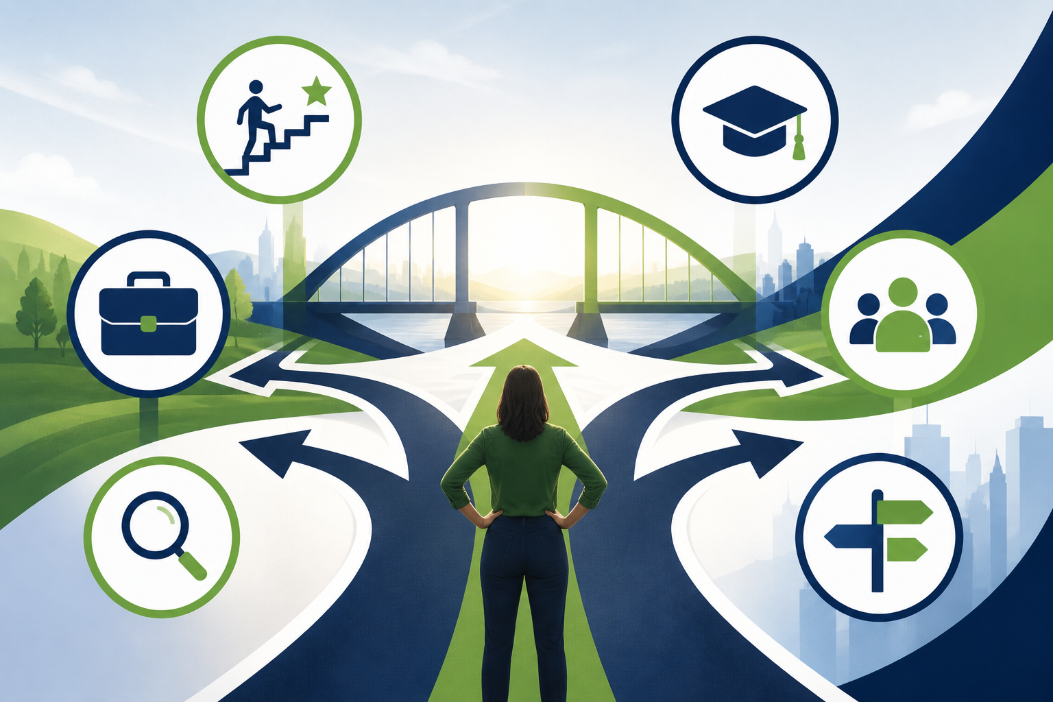 Alt text: Woman looking toward a bridge and future pathway, surrounded by symbols for career planning, personalized guidance, education and training, job search, work-based learning, and support services.