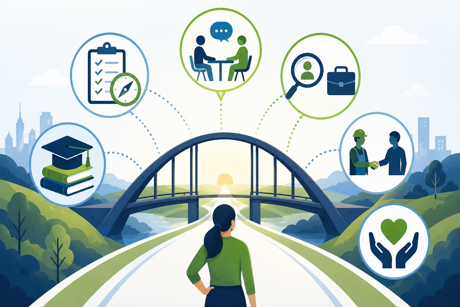 Alt text: Woman standing on a path leading toward a bridge, surrounded by icons representing career planning, one-on-one guidance, education and training, job search, work-based learning, and ongoing support.