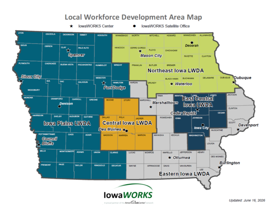 Iowa Local Workforce Development Area Map Updated June 16, 2026