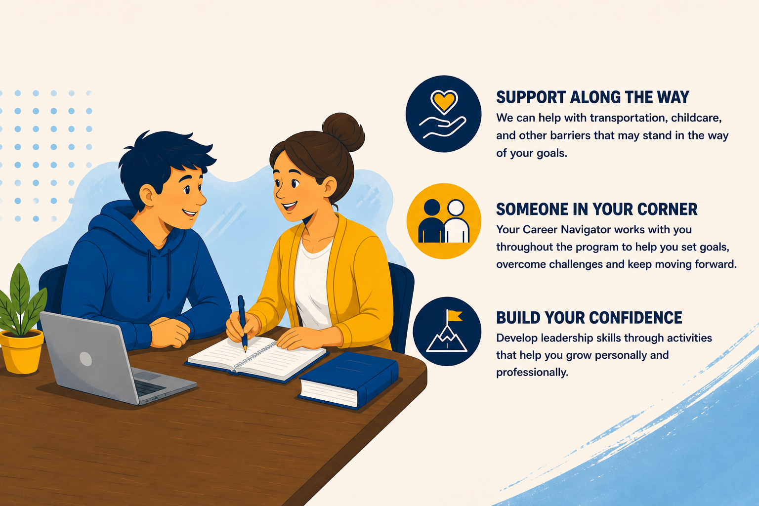 Illustrated Image of a Youth and Career Navigator meeting. Accelerate Iowa provides support with barriers such as transportation and childcare, one-on-one guidance from a Career Navigator, and opportunities to build leadership skills and confidence.