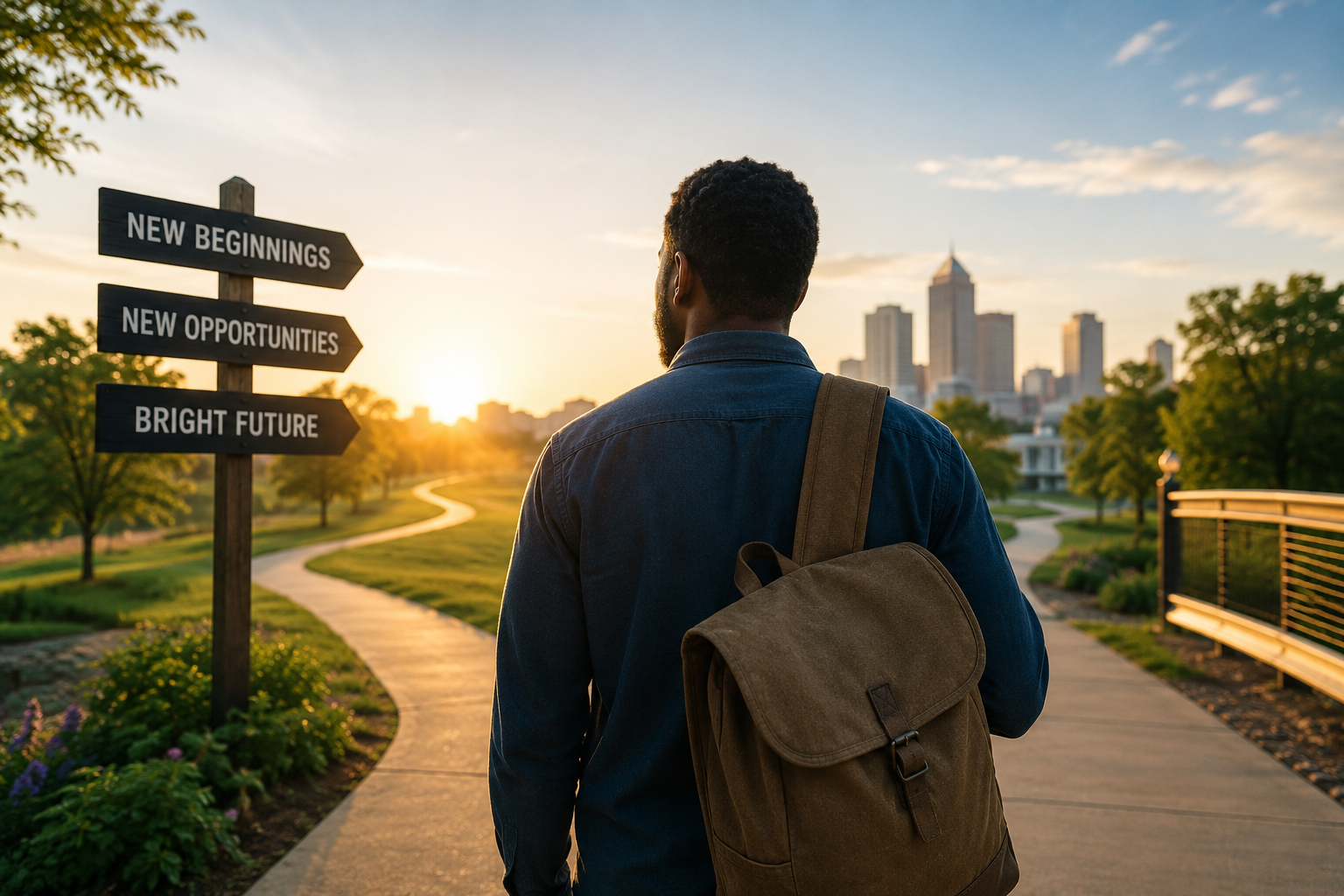 man with backpack and road signs pointing toward new beginnings, new opportunities, and a bright future