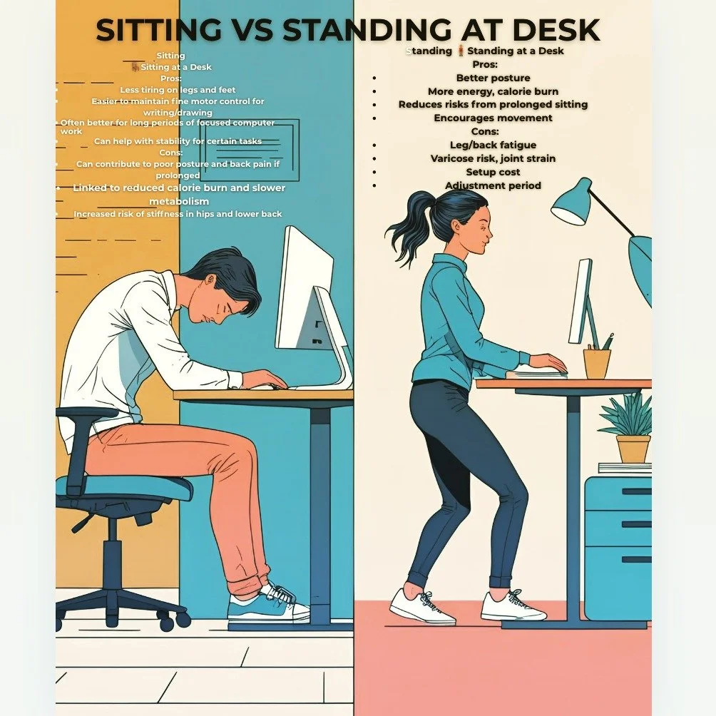 💺 Sitting vs Standing &ndash; Which is Better for You? 🧍&zwj;♂️

The great desk debate continues! Sitting all day can cause stiffness, back pain, and slower metabolism, while standing can boost energy, burn more calories, and encourage better postu