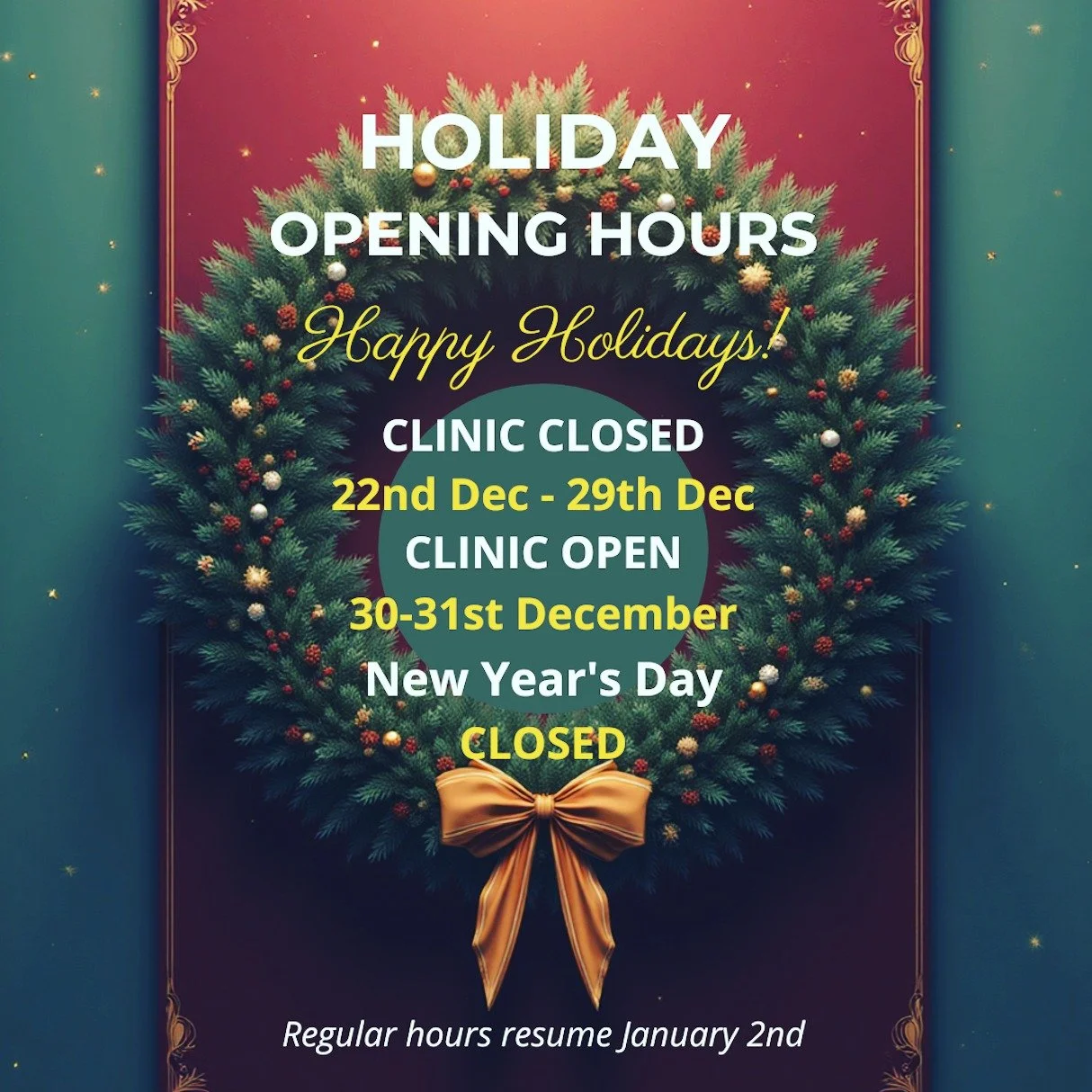 We&rsquo;re winding down for a little rest and recharge over the holidays ✨
Please check our festive opening hours and get booked in before the break. We&rsquo;ll be taking some time off, but the clinic will be open on the 30th&ndash;31st December if