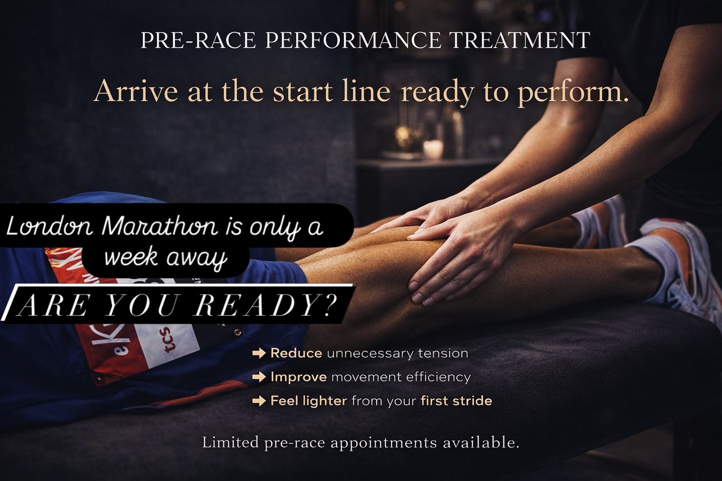 You&rsquo;ve done the work.
Now arrive ready.

The final week isn&rsquo;t about pushing harder &mdash;
it&rsquo;s about removing what might hold you back.

Tension. Restriction. Fatigue.

This is where we refine, not rebuild.

Pre-Race Performance Tr