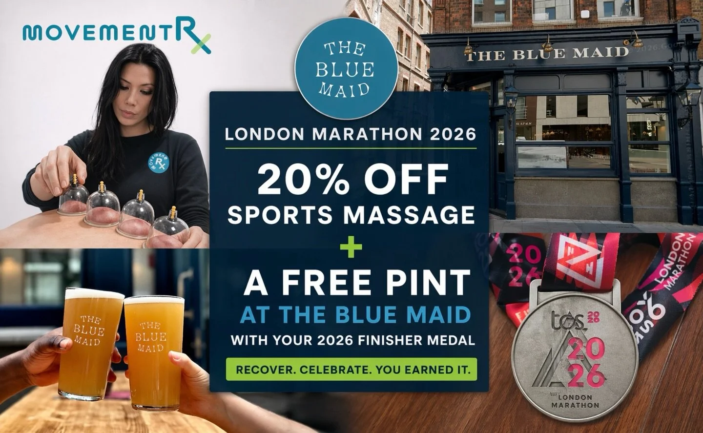 The ultimate recovery and celebrate combo here at Movement RX and The Blue Maid on Borough High Street!
Don&rsquo;t leave recovery to chance.

🏃&zwj;♂️ 20% OFF Sports Massage
🍺 Complimentary pint at The Blue Maid
🎖 With your 2026 finisher medal

?