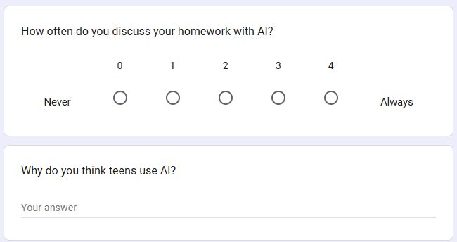 Rating scale question from 0 (never) to 4 (always) reading, "How often do you discuss your homework with AI?" and open-text question reading, "Why do you think teens use AI?"