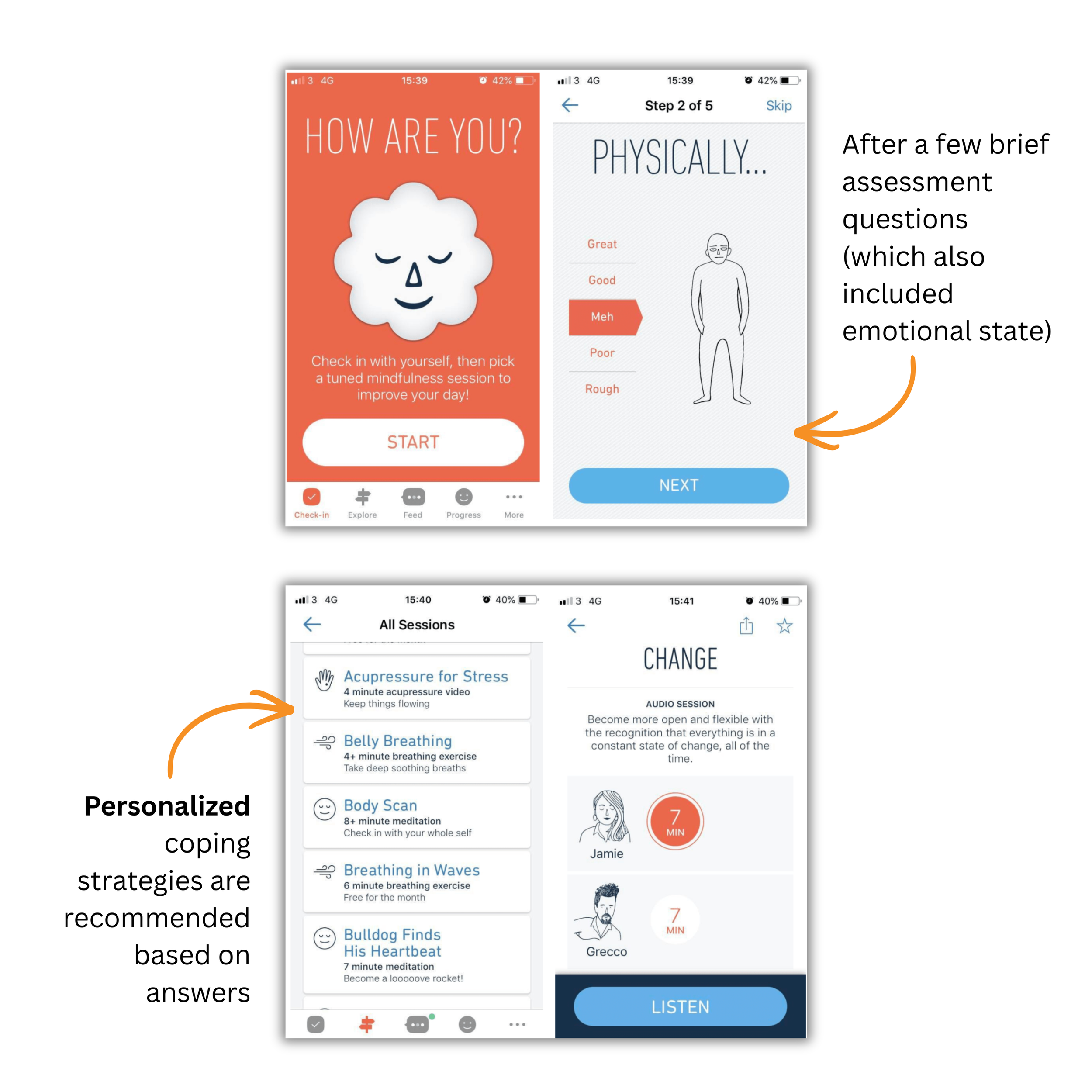 2019 screenshots from Stop, Breathe & Think, showing customized coping recommendations