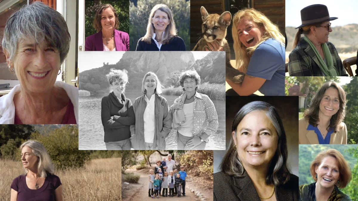   About the picture: at center are Jill Swift, Sue Nelson and Margot Feuer, considered the “Mothers” of the Santa Monica Mountains National Recreation Area. Some of the notable women who carry on the fight are, clockwise from upper left: Mary Ellen Strote, Mary Sue Maurer, Josephine Powe, Beth Pratt Bergstrom, Rorie Skei, Linda Parks, Julie Newsome, Fran Pavley, Mary Weisbrock (w.Family), and Suzanne Goode. Not pictured: Nancy Helsley. The center image photo is from a 1989 L.A. Times photo courtesy of the UCLA Archives.  