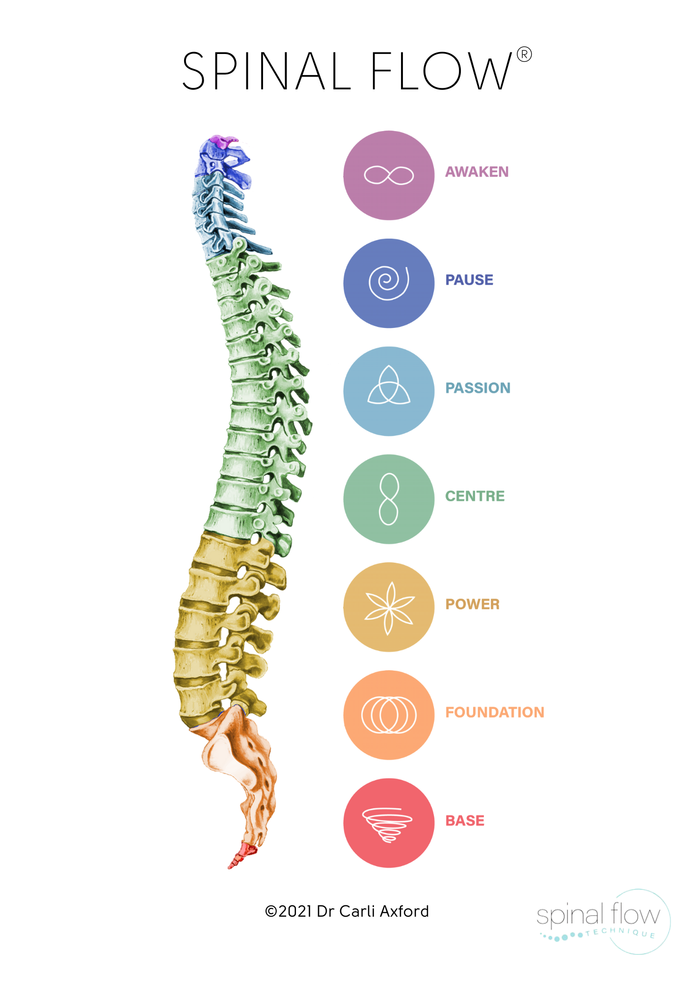 Diagram of the human spine with color-coded sections labeled for different functions, including infinity (emotional balance), spiral (creativity), triangle (mindfulness), eight (energy flow), flower (power), concentric circles (connection), and tornado (grounding).