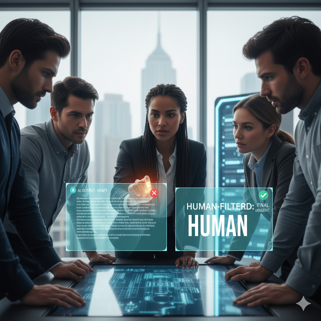 a team of 5 people looking at a screen together and making a decision