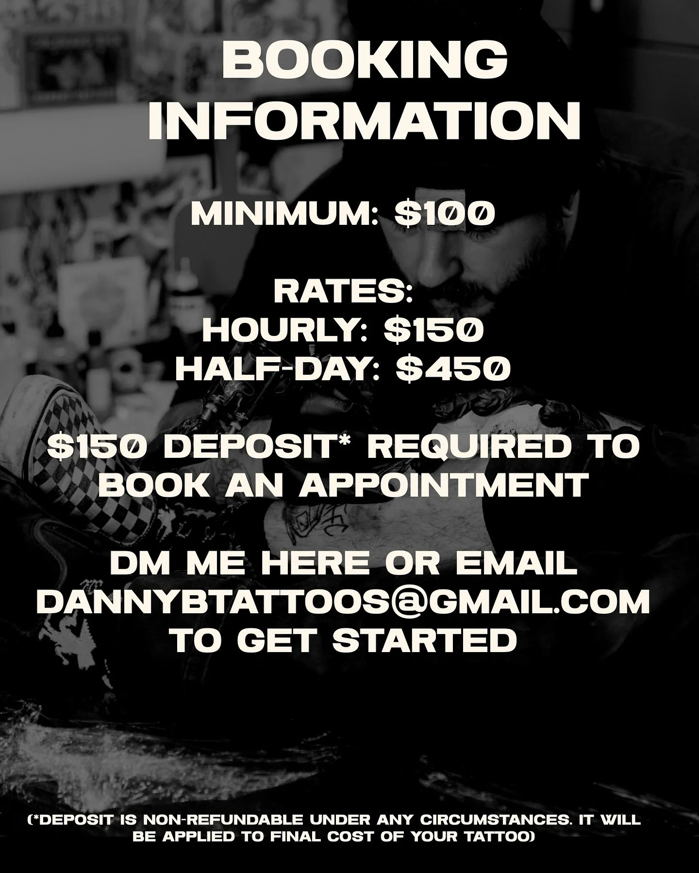 Another long how to book with me think piece:

-I&rsquo;m at the shop Tuesday-Saturday, 12pm-9pm. I take appointments during those hours. If I need to accommodate someone outside of those times I will. 

-Not all tattoos require an appointment. Somet