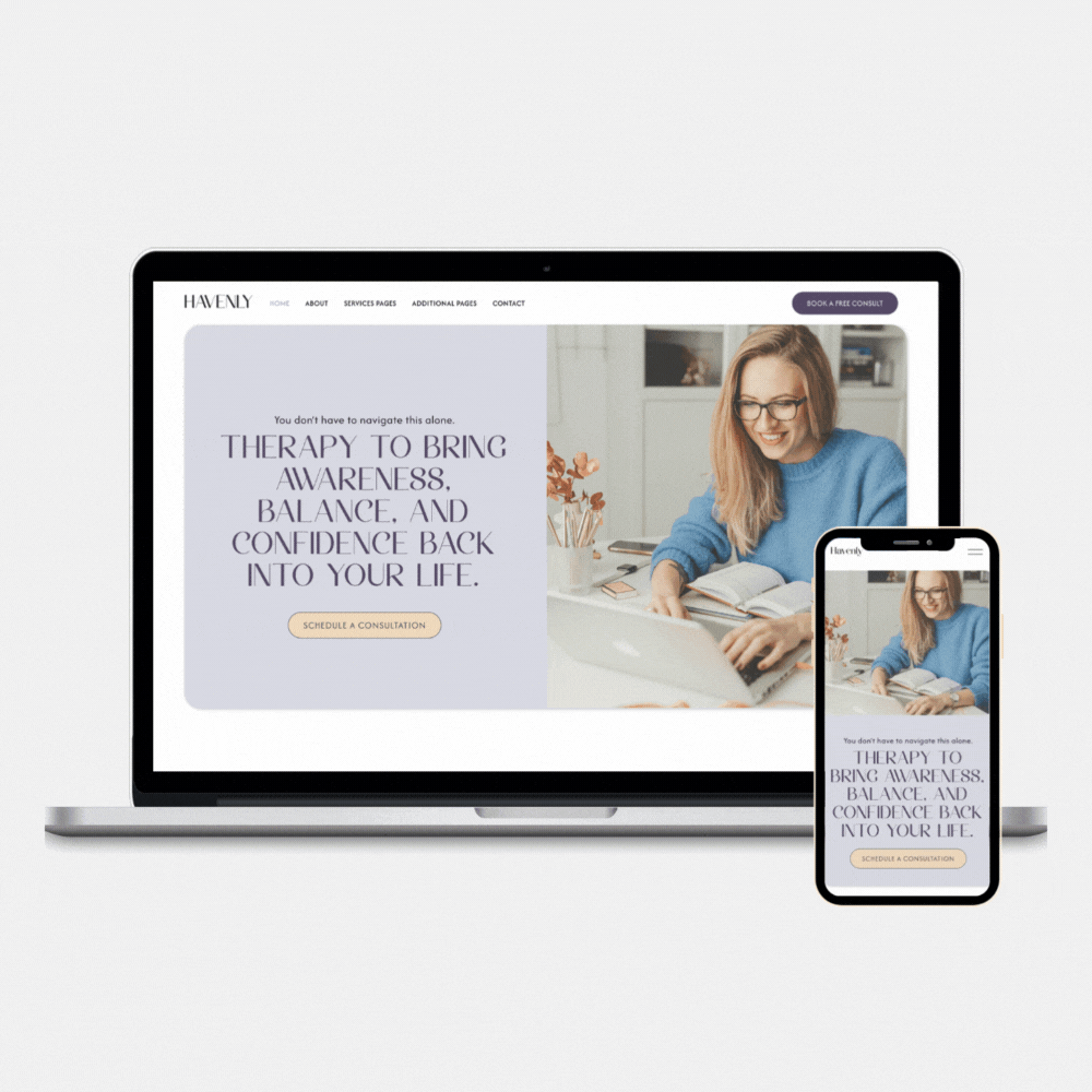 Website template for therapists viewed on a laptop and mobile phone