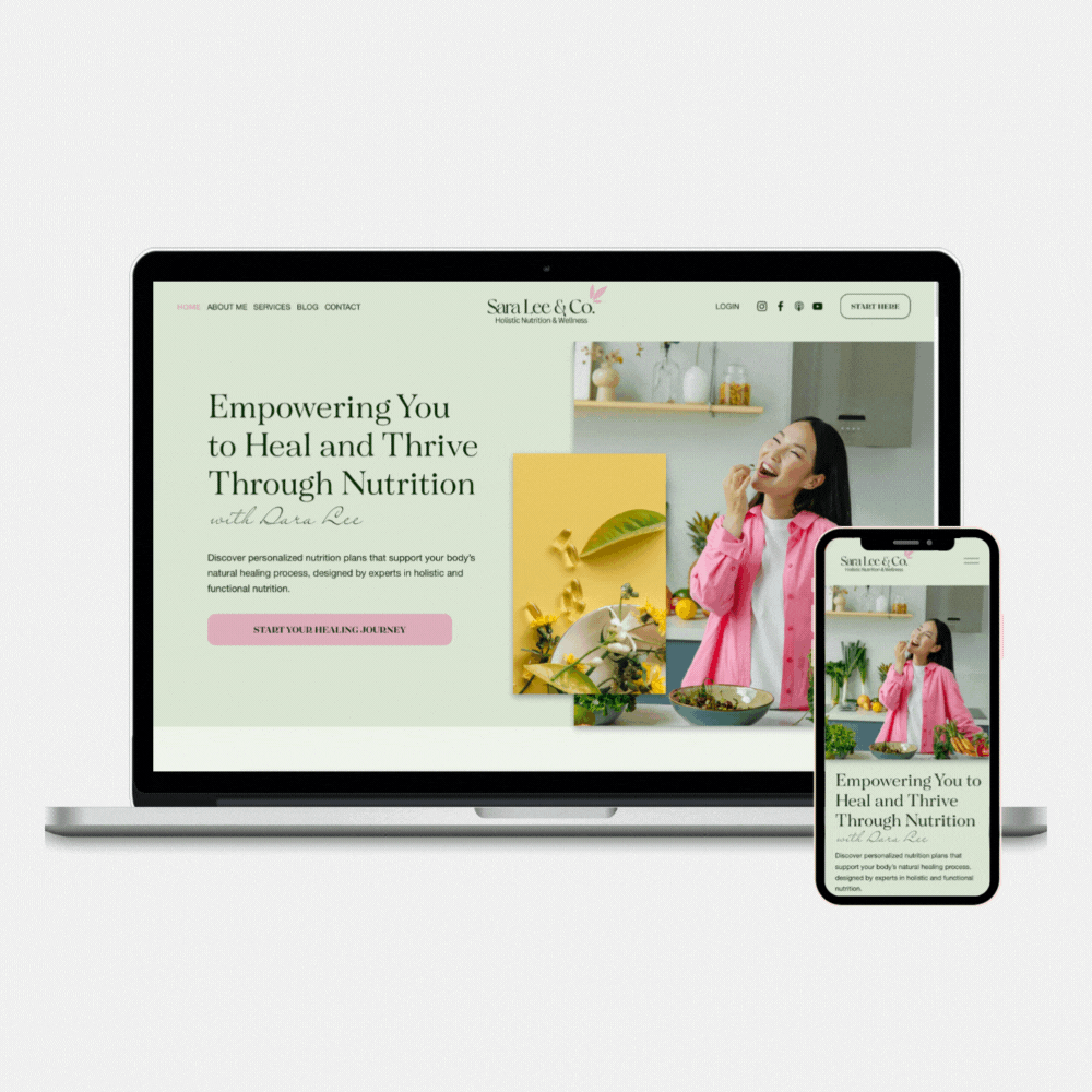 A laptop and smartphone display a webpage for Sara Lee & Co., a holistic nutrition and wellness brand. The webpage features a woman in a pink jacket smiling and laughing in a kitchen setting, surrounded by plants and produce. The site includes a header menu, logo, and call-to-action button.