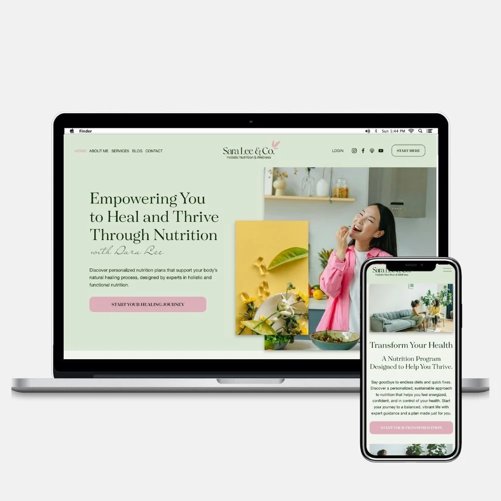 A computer and smartphone displaying a website for Holistic Nutrition & Wellness, featuring a woman in a pink coat smiling and holding a pancake, with a kitchen background and various plants and bowls on the websites.