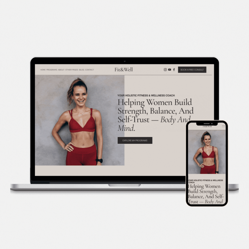 Website on laptop and phone screens showing a woman in red athletic wear smiling, with text about fitness coaching for women.