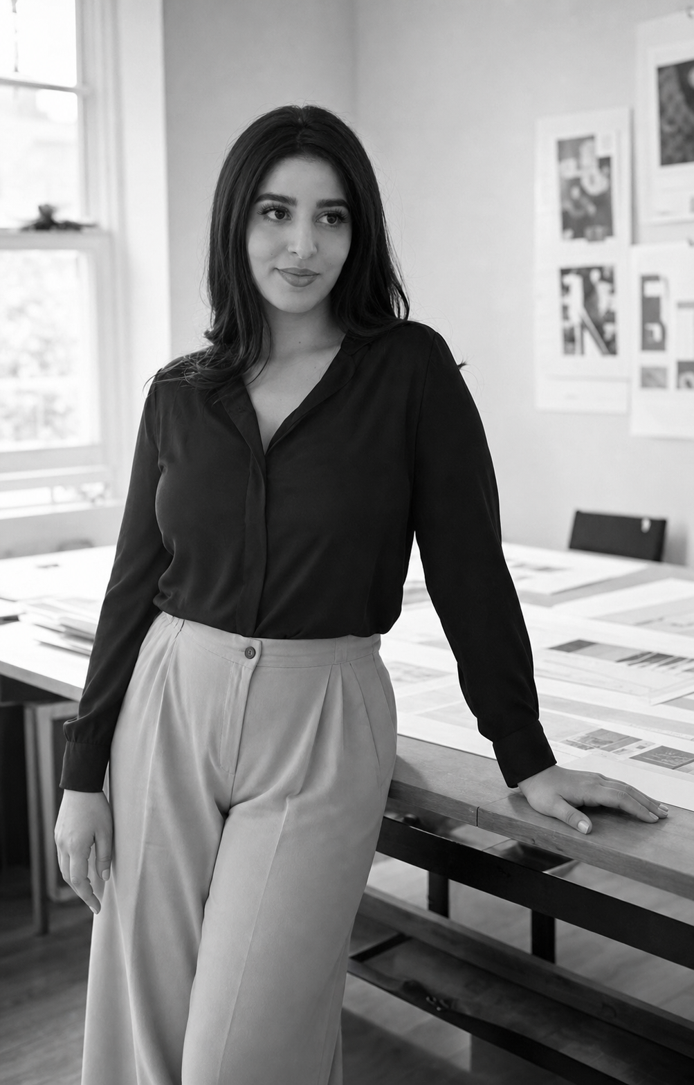 A woman in a black blouse and light-colored wide-leg pants standing in a room with a large table covered in papers and documents, with framed pictures on the wall and a window in the background.