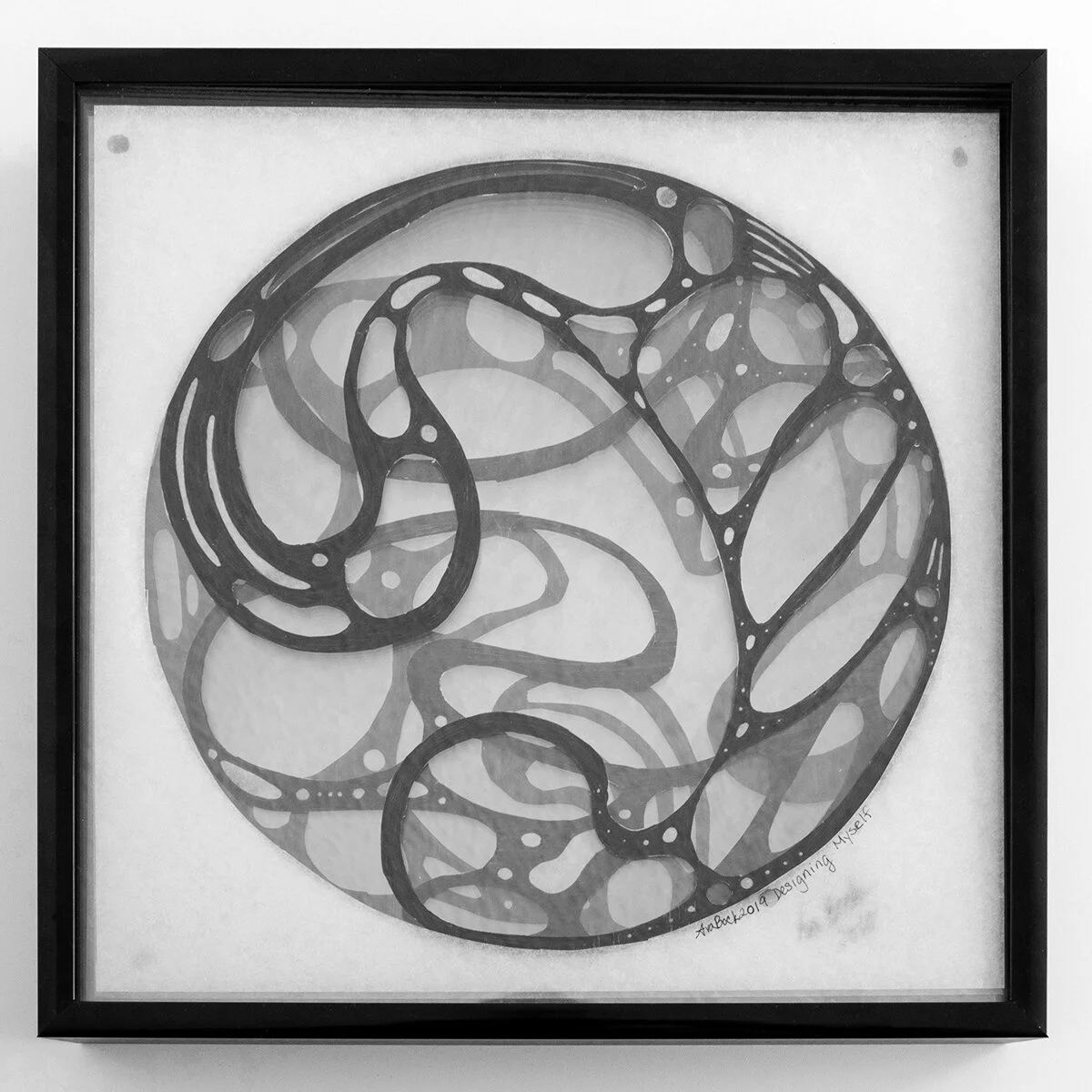 Hand-cut sculpture on translucent paper. Serves as the original design for the sculptural triptych stacked between layers of glass pane.
