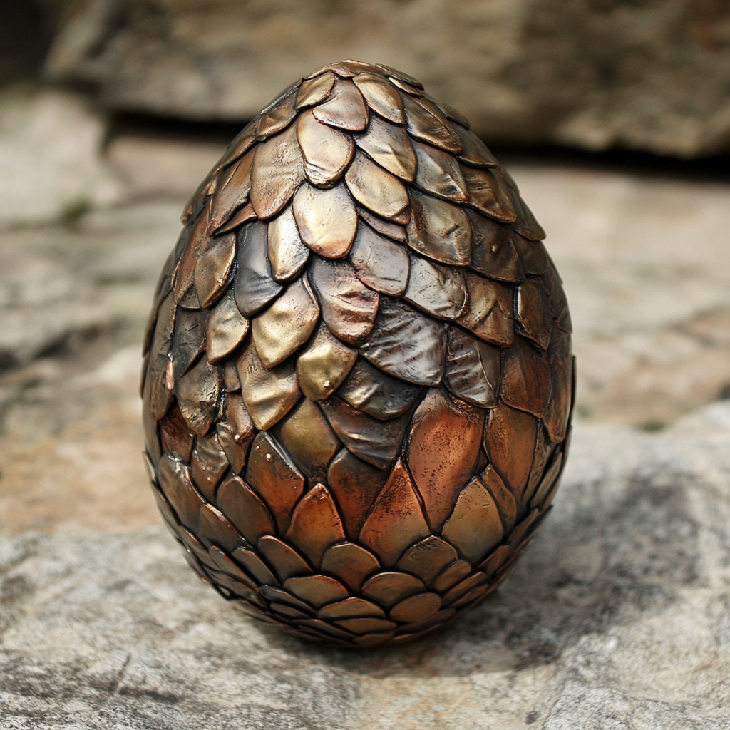 Sculpture of a large, egg-shaped object made from overlapping copper scales, resting on a stone surface.