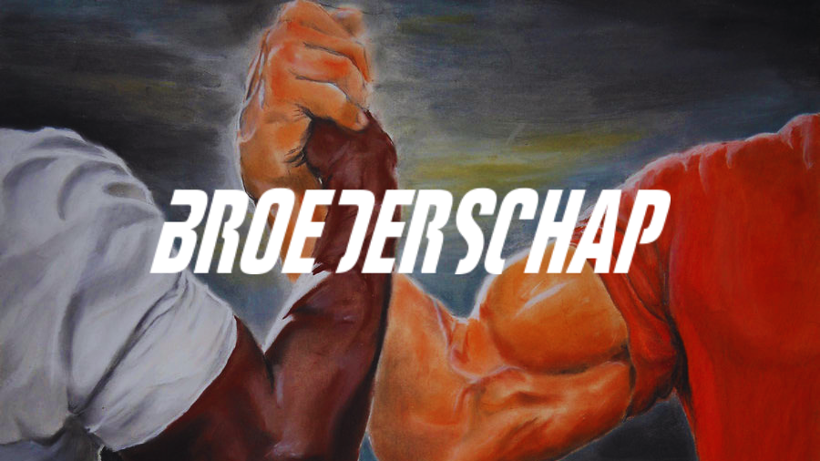 An illustration of two muscular arms engaged in arm wrestling, with a sunset or sunrise in the background and the words "Broederschap" in bold white letters across the image.