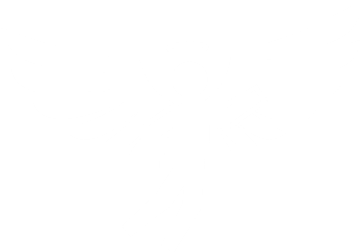 Black and white illustration of a flying angel with wings, a halo, and an outstretched arm.