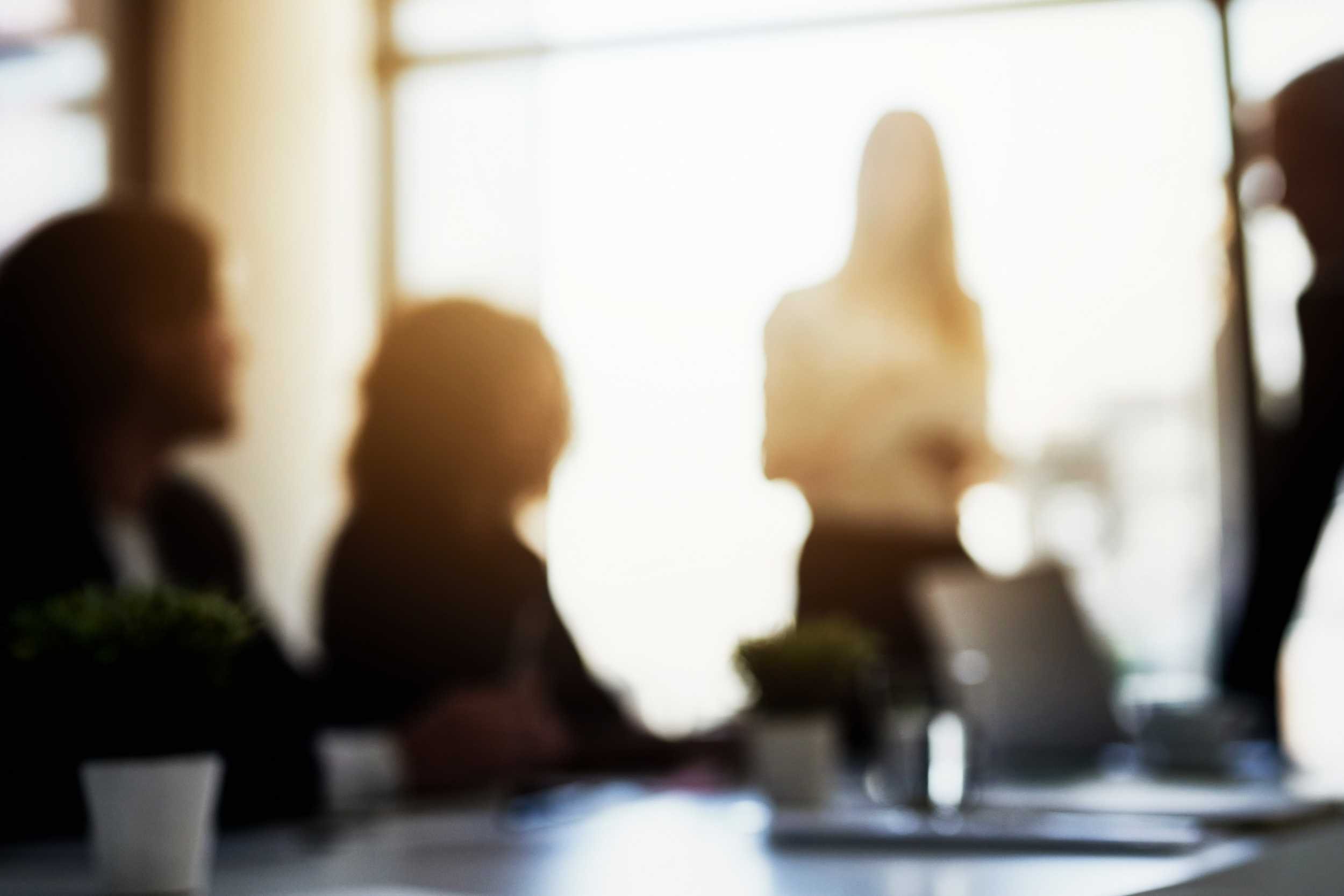 A photo of a HR Team is shown and not in focus. We can see the outline of people meeting with the backdrop of sunlight coming through the office window